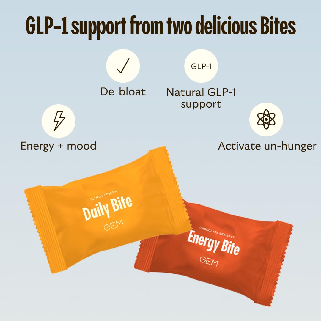 GEM GLP-1 Booster energy bites closeup highlighting caffeine boost.