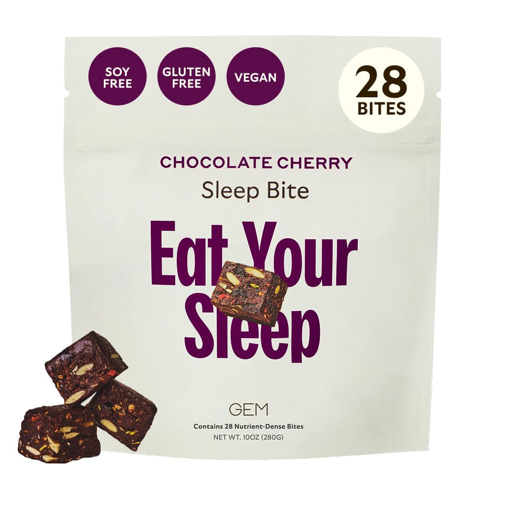 GEM Sleep Aid bite with earthy chocolate cherry flavor supports calm evenings