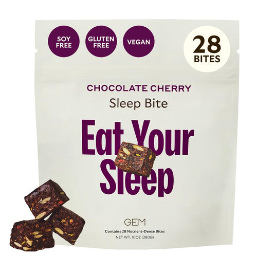 GEM Sleep Aid bite with earthy chocolate cherry flavor supports calm evenings