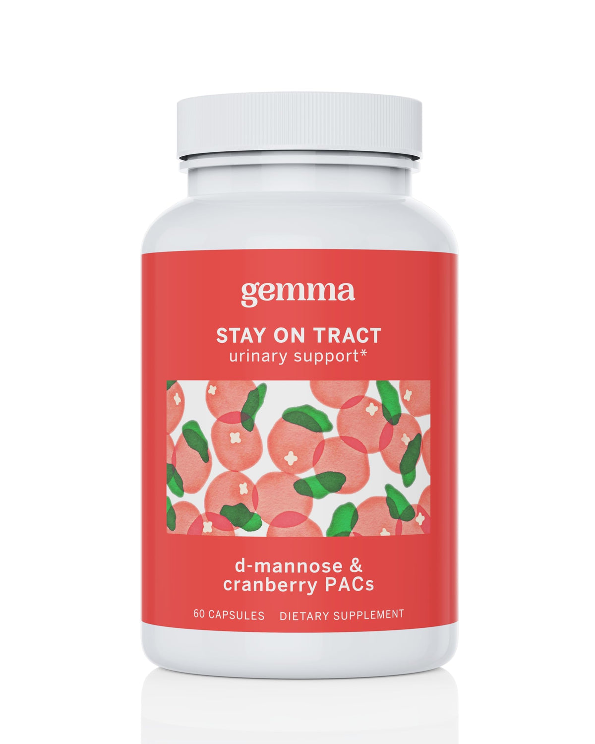 Gemma Stay On Tract cranberry PAC bottle for everyday urinary support.