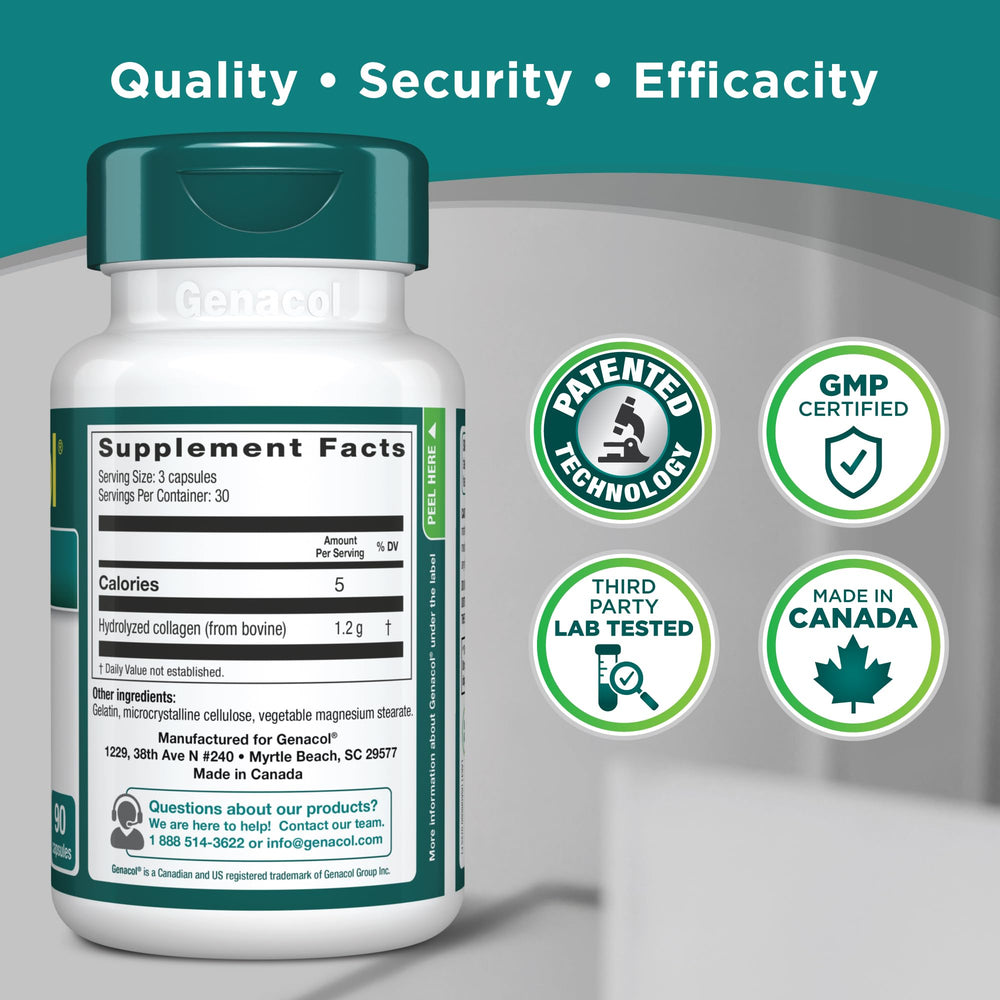 Genacol hydrolyzed collagen label closeup emphasizing quality for cartilage support.