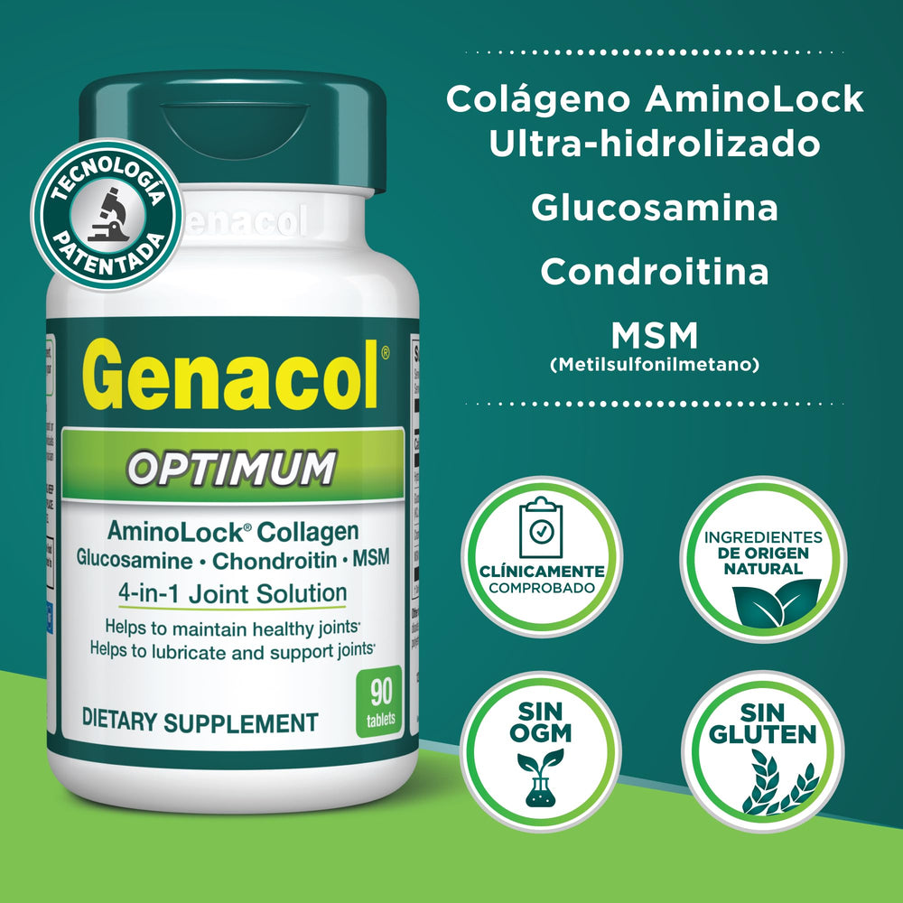 Genacol Optimum bottle label confirms non-GMO daily joint care.
