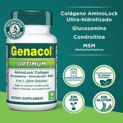 Genacol Optimum bottle label confirms non-GMO daily joint care.