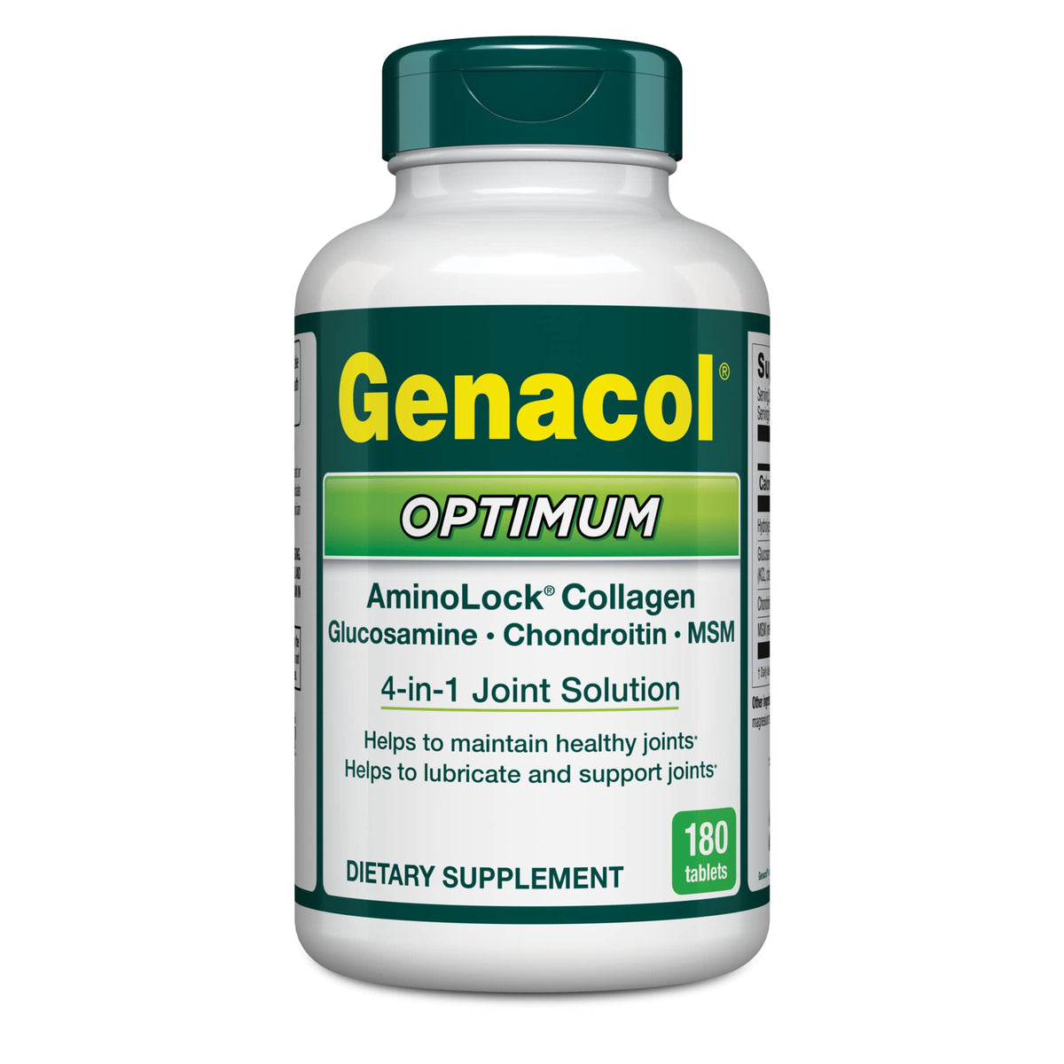 Genacol Optimum tablets pack showing joint-support blend with glucosamine, chondroitin, MSM and collagen