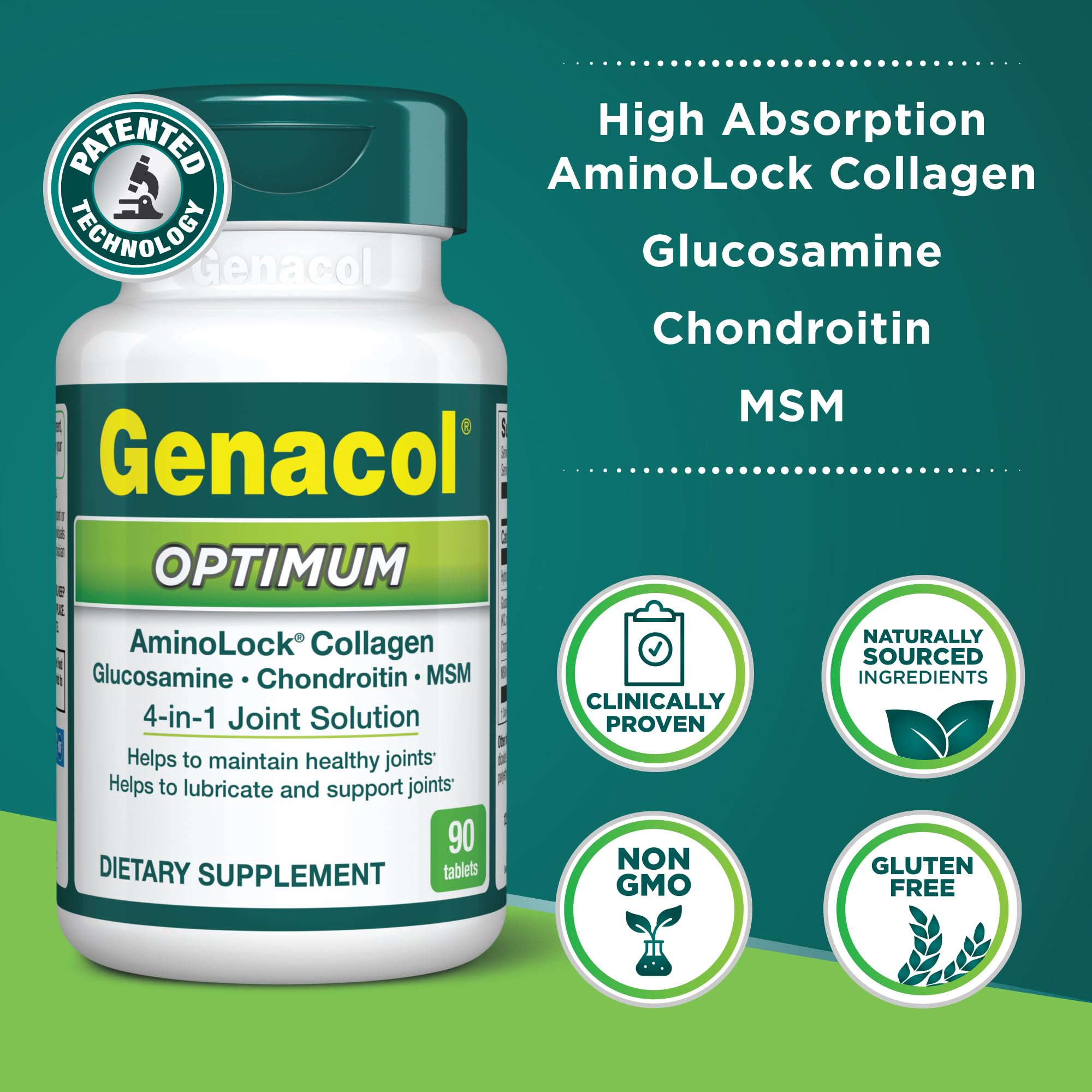 Genacol Optimum tablets close-up highlighting ultra-hydrolyzed collagen.