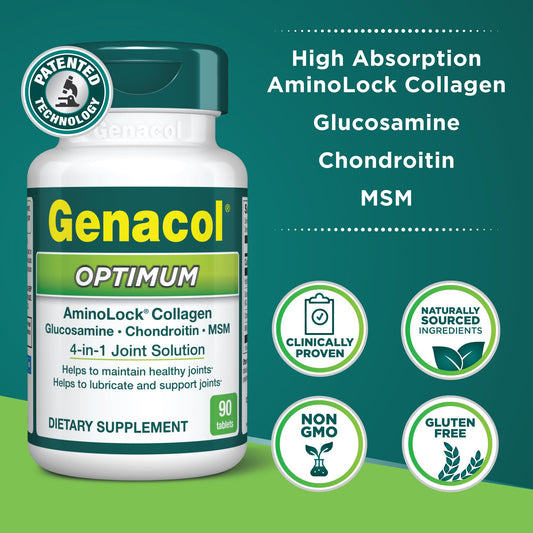 Genacol Optimum tablets close-up highlighting ultra-hydrolyzed collagen.