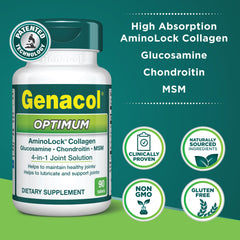 Genacol Optimum tablets close-up highlighting ultra-hydrolyzed collagen.