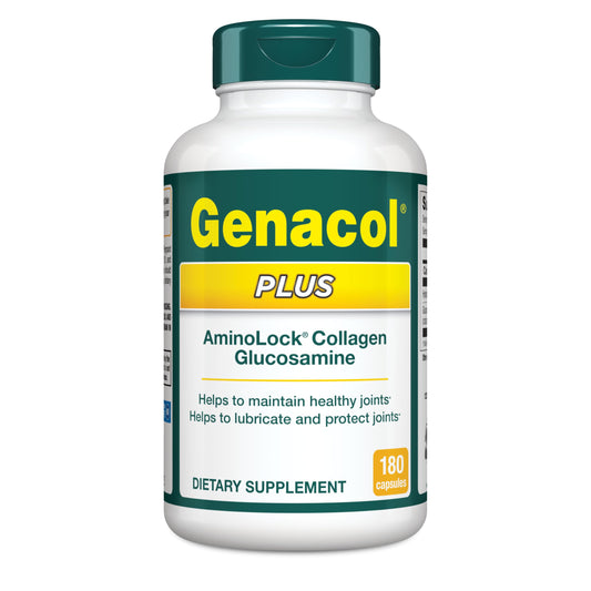 Genacol Plus bottle with capsules showing convenient joint support for daily mobility.