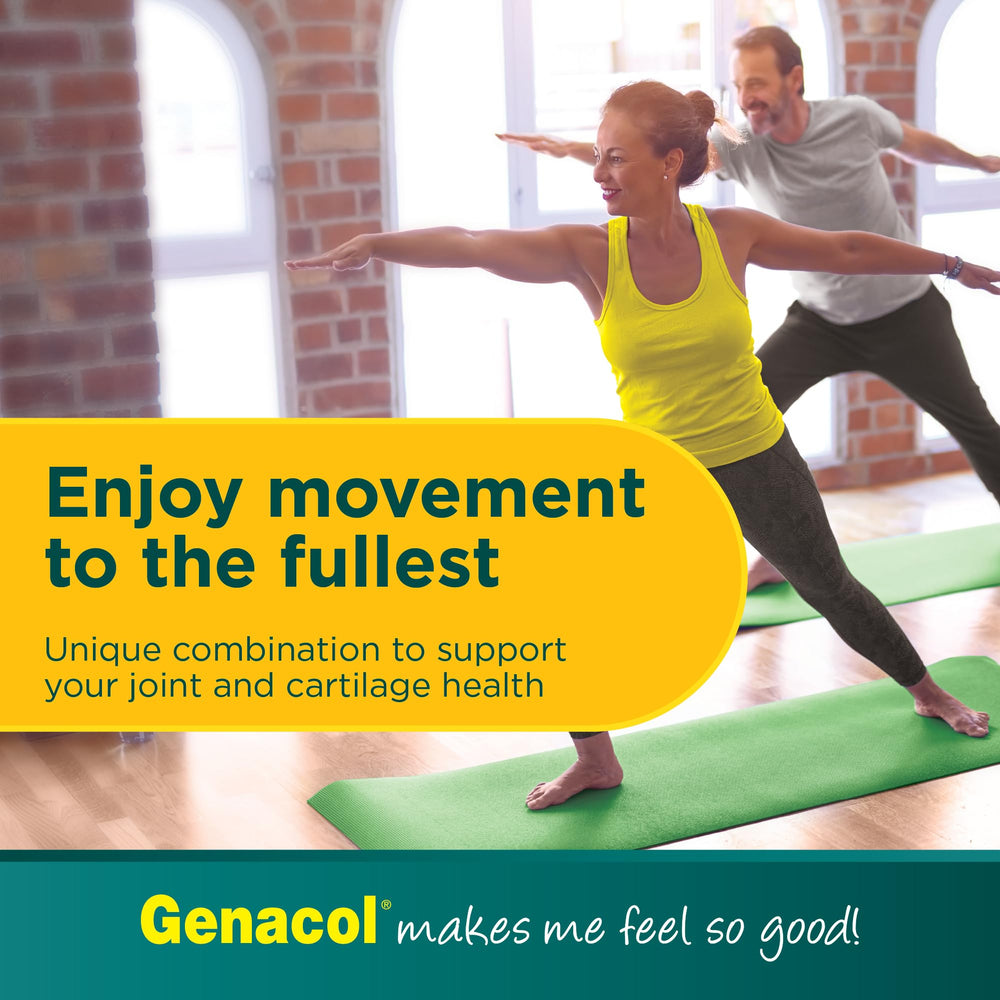 Genacol Plus capsules arranged with a glass of water for daily use.