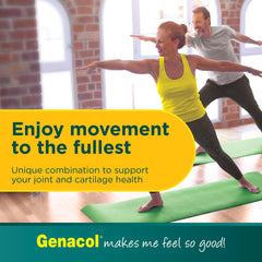 Genacol Plus capsules arranged with a glass of water for daily use.