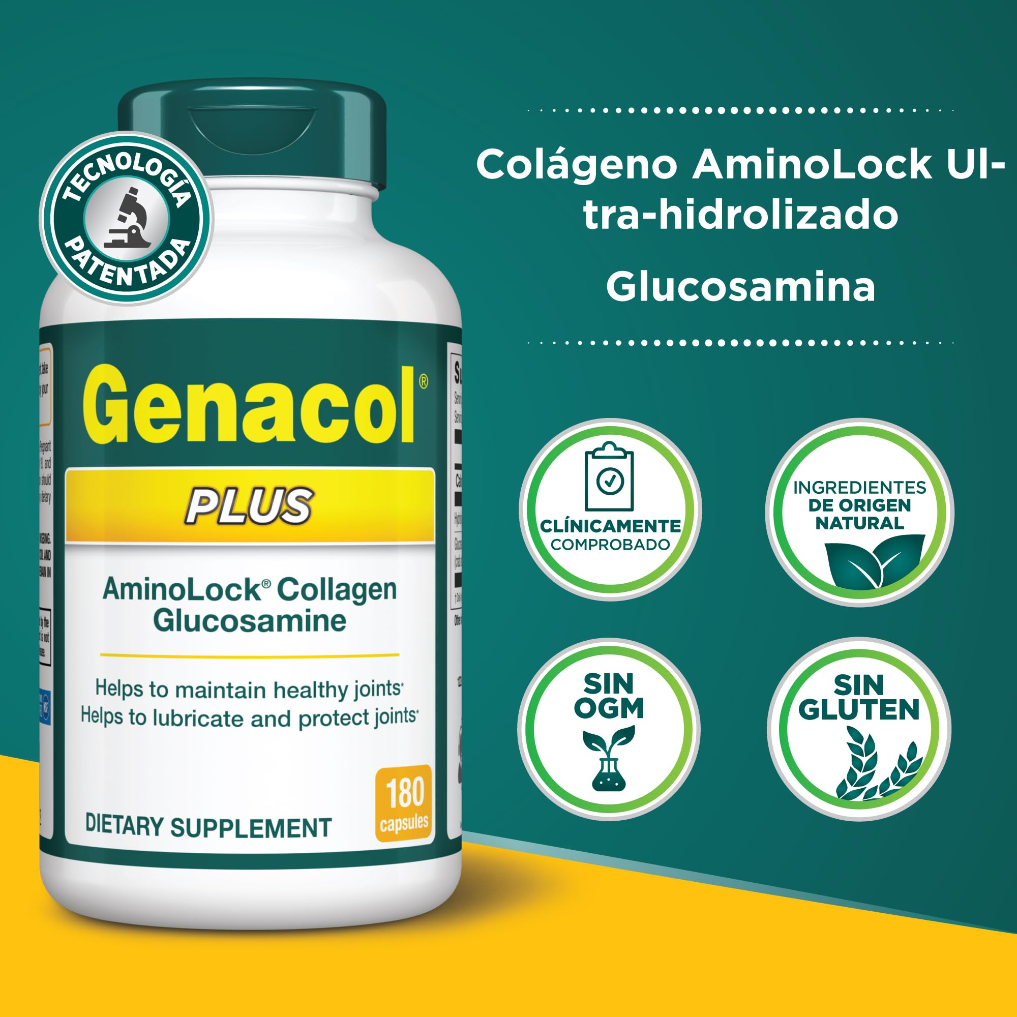 Genacol Plus front label emphasizes non-GMO ingredients and 180 capsule supply.