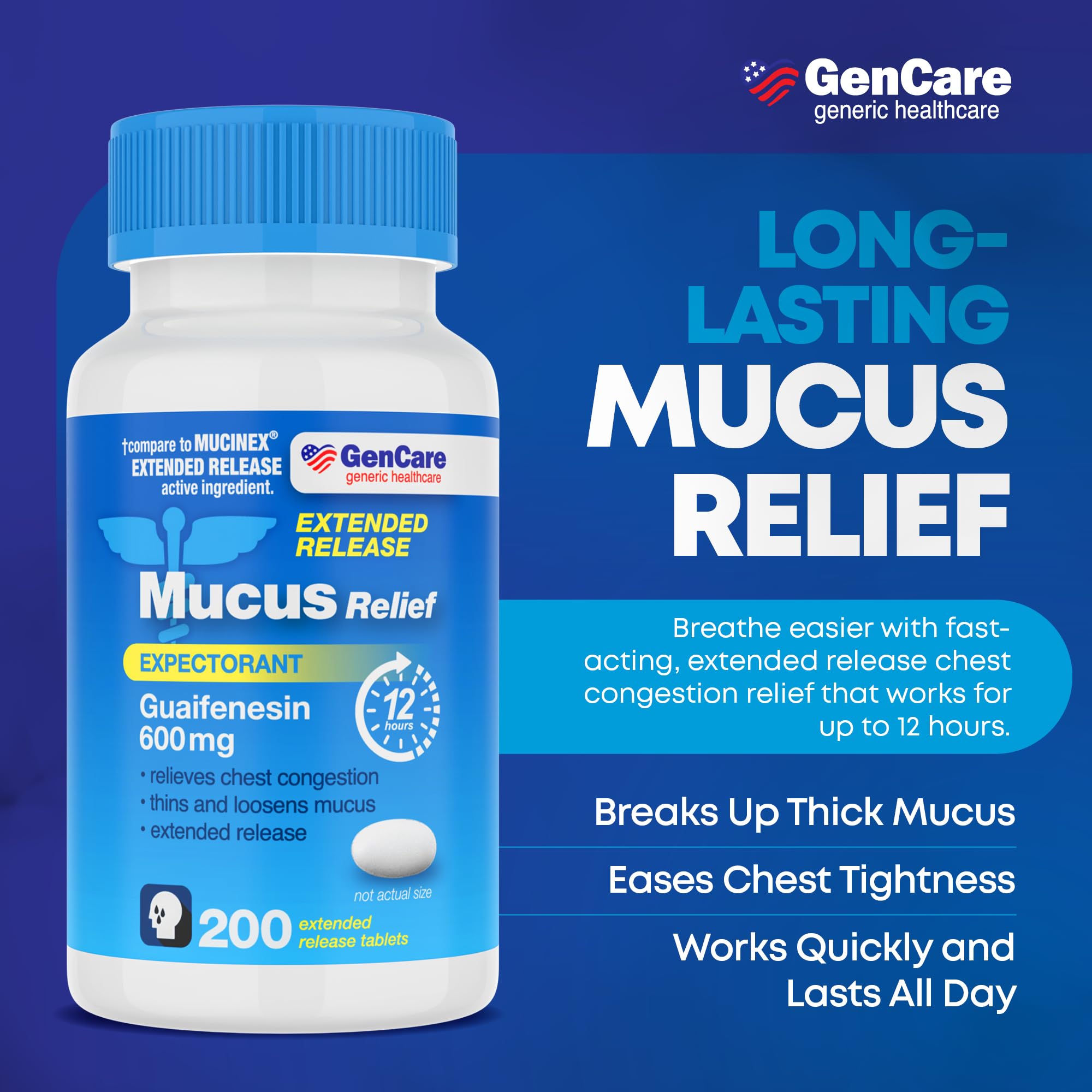 GenCare Mucus Relief bottle label highlights 600 mg per tablet.