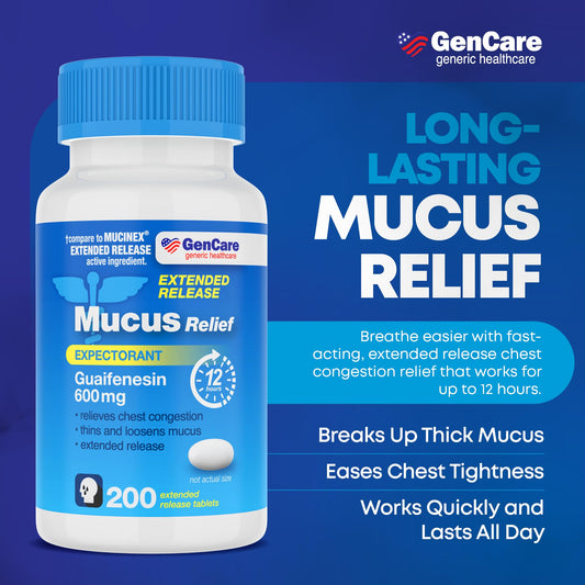 GenCare Mucus Relief bottle label highlights 600 mg per tablet.