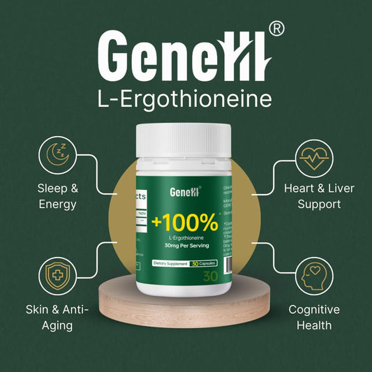 GENEIII bottle label front showing 30mg EGT per serving and USA-made quality