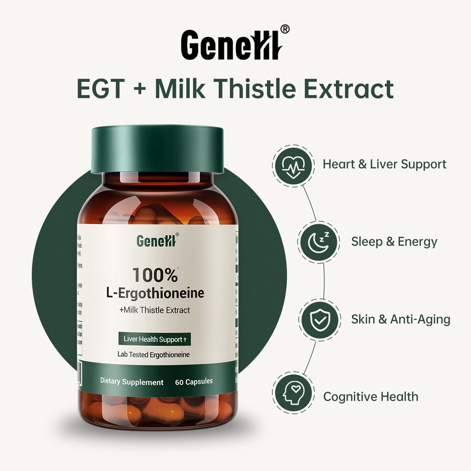 GENEIII capsules close-up emphasizing pure L-Ergothioneine content