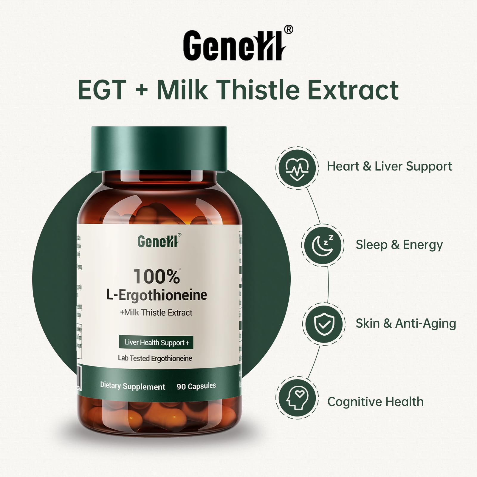 GENEIII Ergothioneine capsules-closeup conveying premium purity and potency.