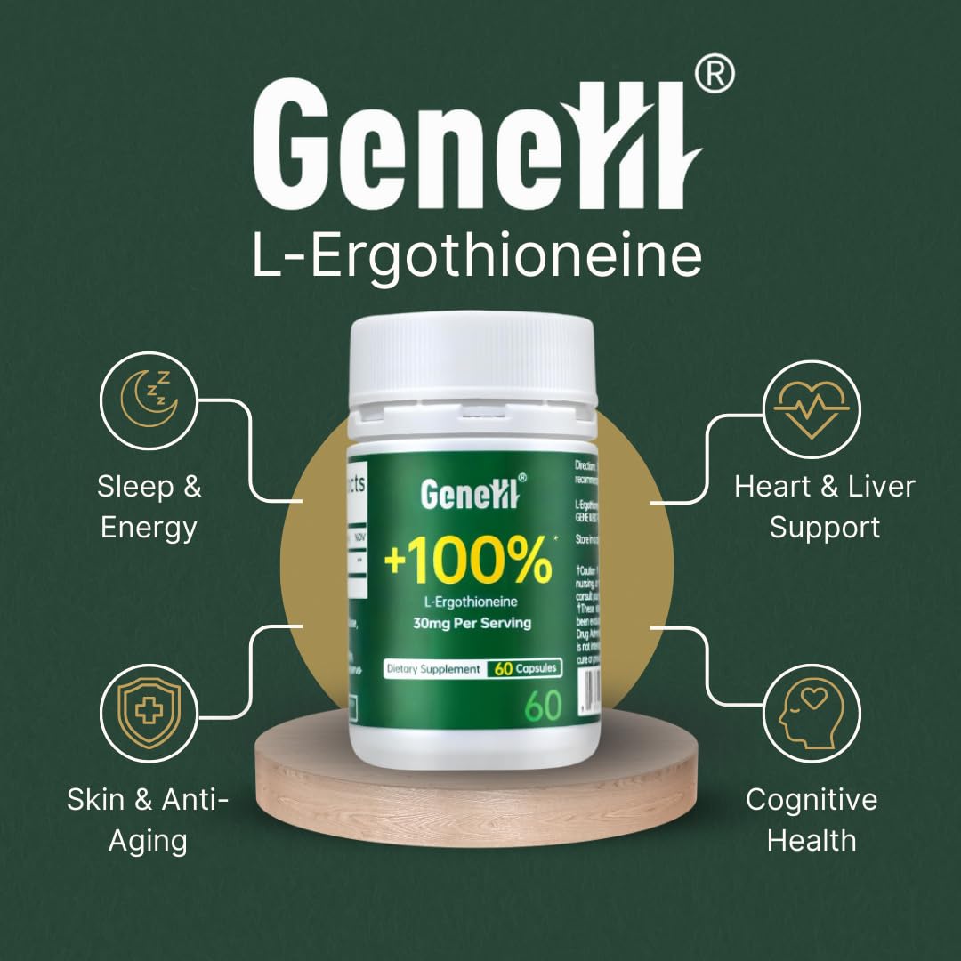 GENEIII ergothioneine capsules close-up for daily antioxidant support.