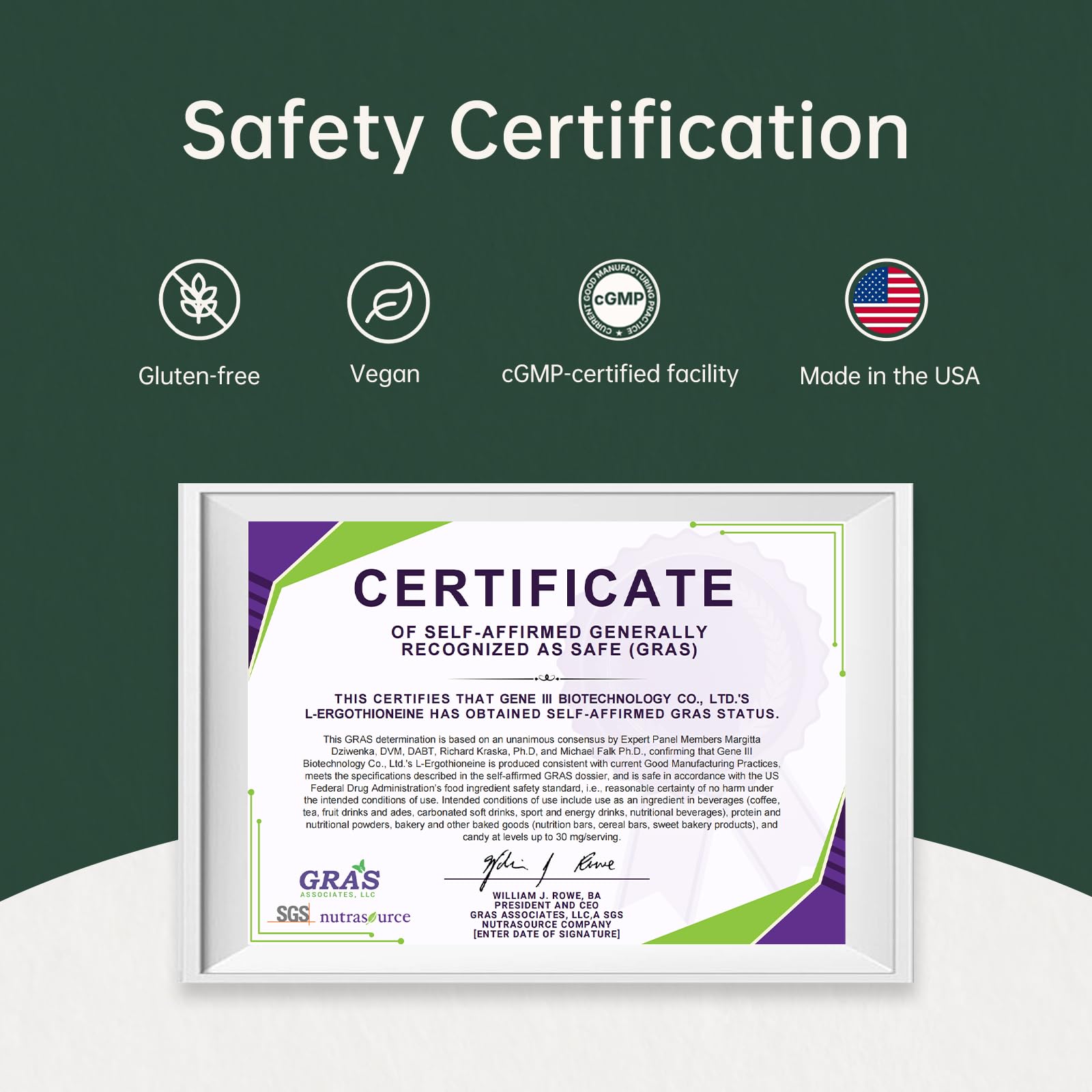 GENEIII L-Ergothioneine NSF cgmp stamp signifies quality assurance