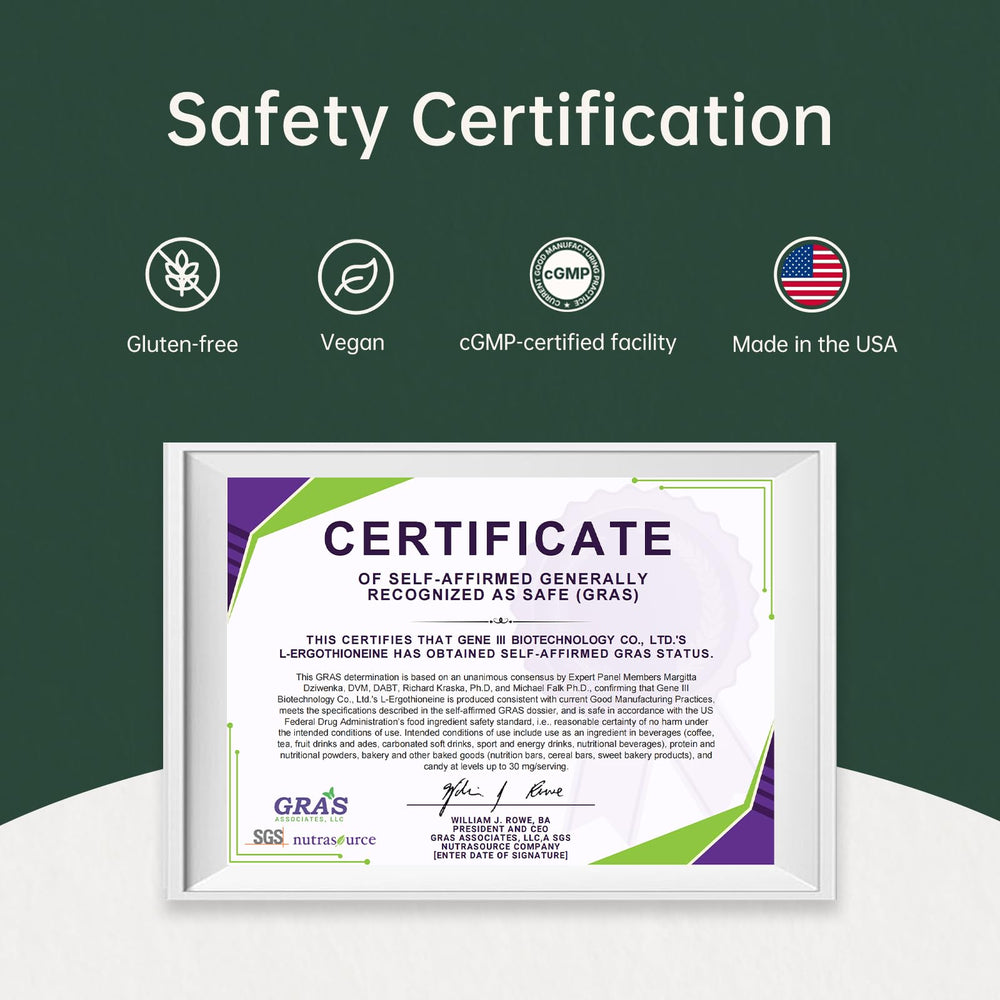 GENEIII L-Ergothioneine NSF cgmp stamp signifies quality assurance
