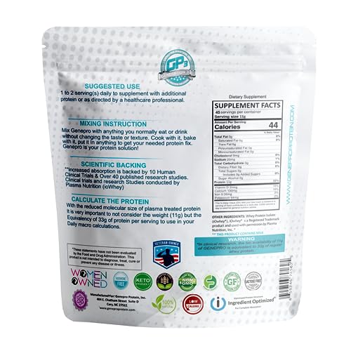 Close-up of GENEPRO GEN. 3 label highlighting lactose-free and gluten-free formula.