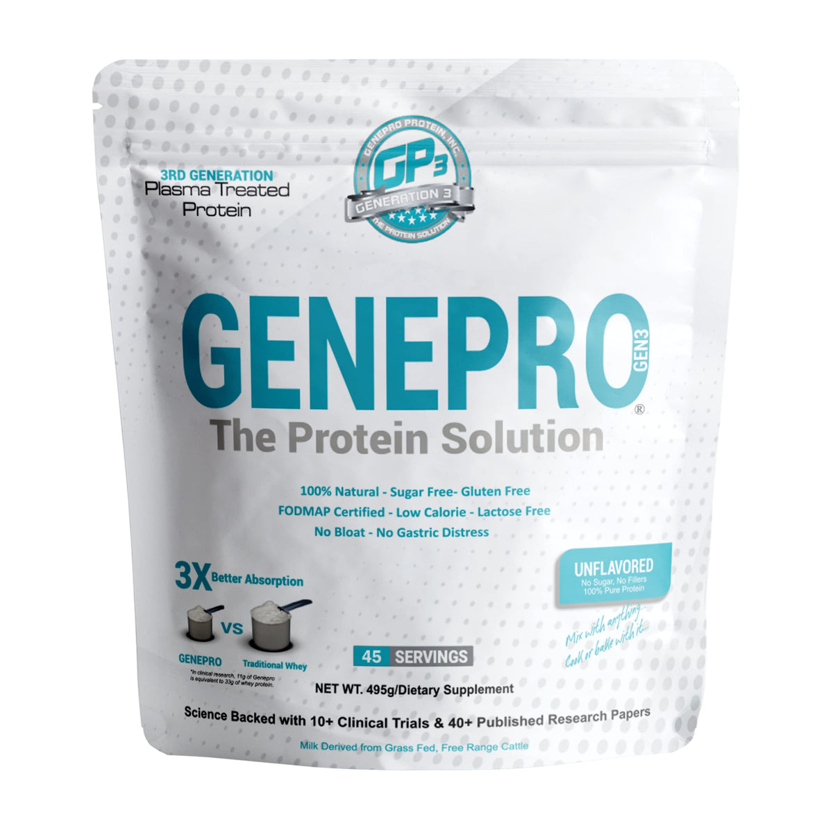 GENEPRO GEN. 3 unflavored powder bottle ready for post-workout shakes.