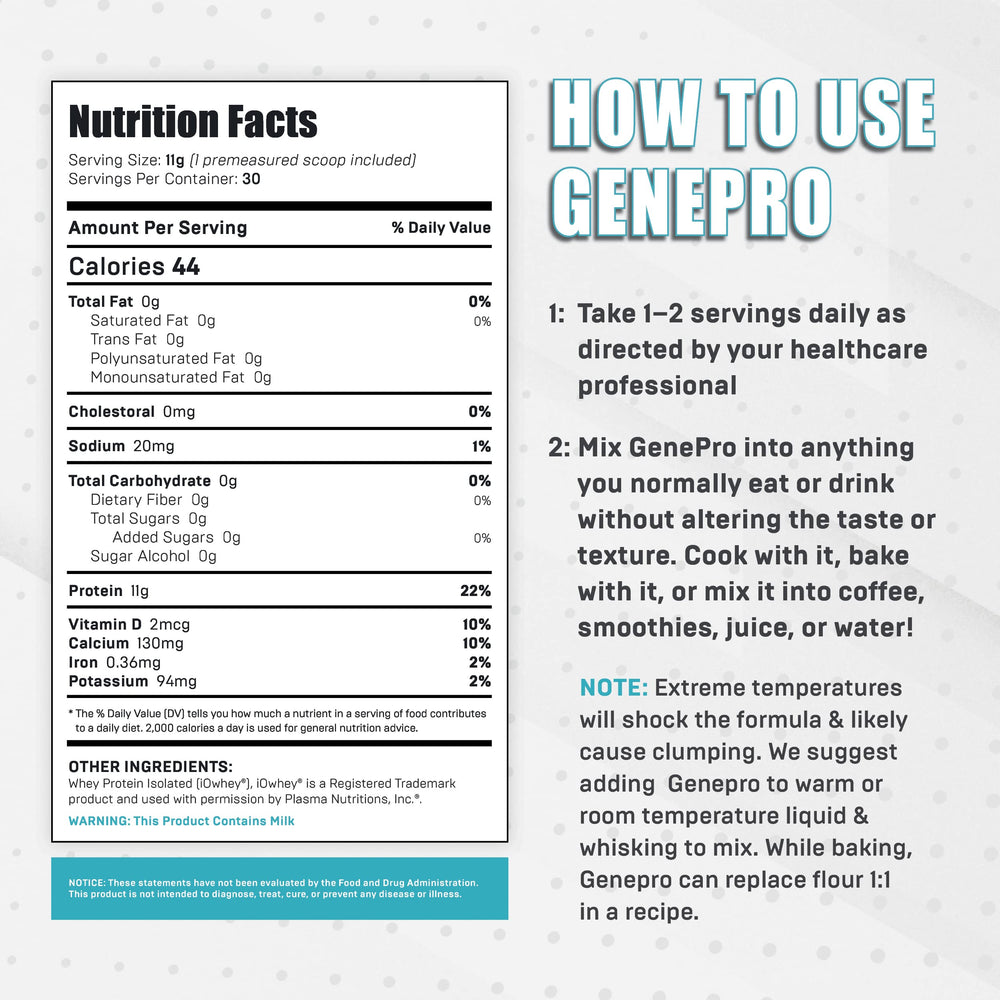 GENEPRO GEN. 3 powder jar—gluten-free, zero sugar for keto-friendly shakes.