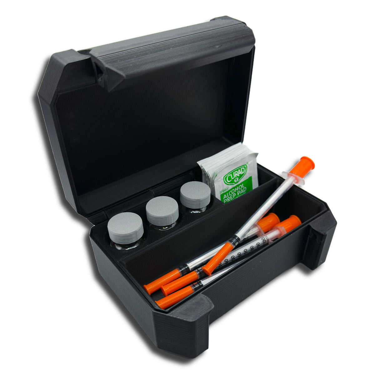 Generic 3-slot vial storage case front view for compact peptide and insulin organization