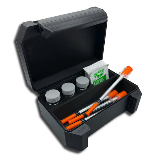 Generic 3-slot vial storage case front view for compact peptide and insulin organization