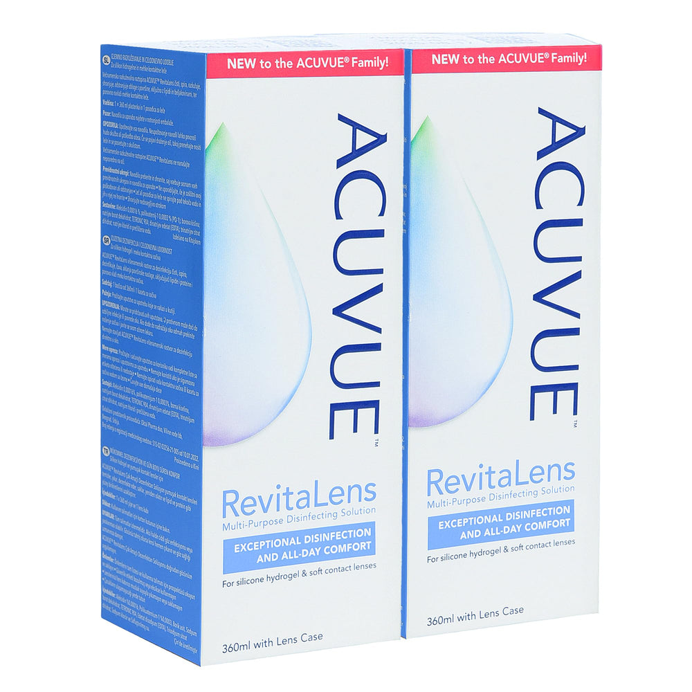 Generic Acuuvueee solution bottle 360ml front view for daily multi-purpose lens cleaning.