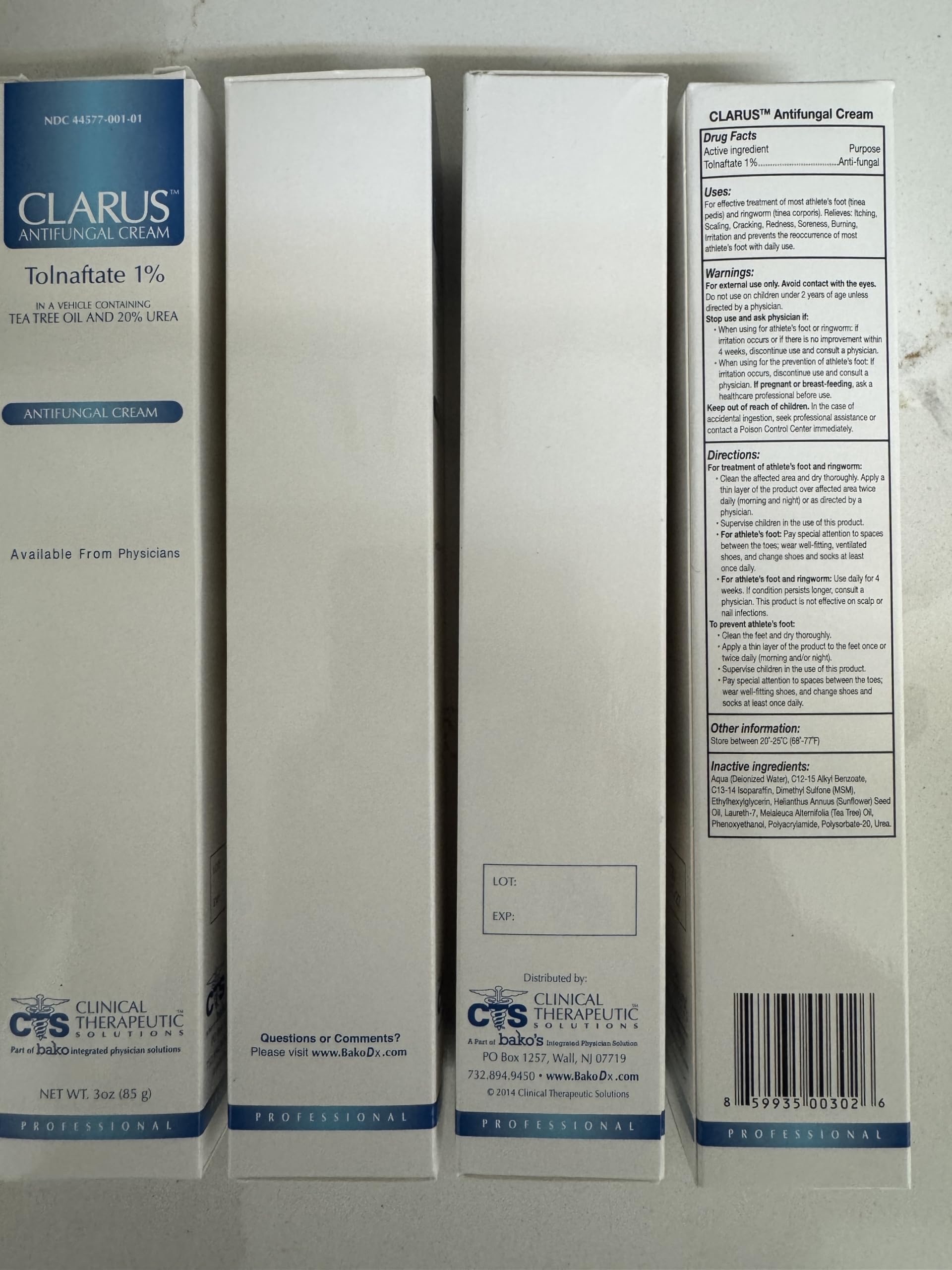 Label detail of Generic Antifungal Cream Clars shows Tolnaftate 1% and simple daily use tips