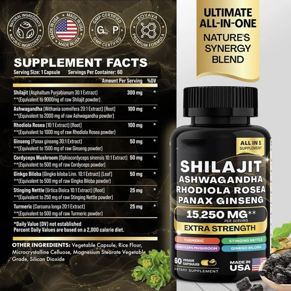 Generic Ashwagandha capsules label — adaptogenic support for calm focus.