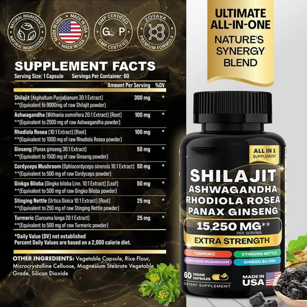 Generic Ashwagandha capsules label — adaptogenic support for calm focus.