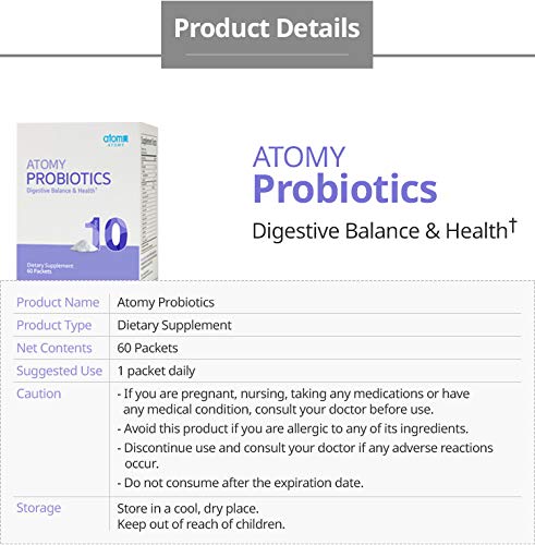Generic Atomy Probiotics packets close-up showing 60 servings.
