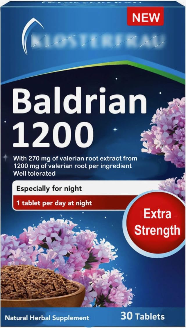 Generic Baldrian 1200 bottle with tablets for relaxed nighttime routines.