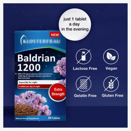 Close-up of Baldrian 1200 tablet highlighting valerian root extraction for gentle nightly support.