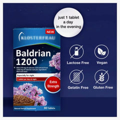 Close-up of Baldrian 1200 tablet highlighting valerian root extraction for gentle nightly support.