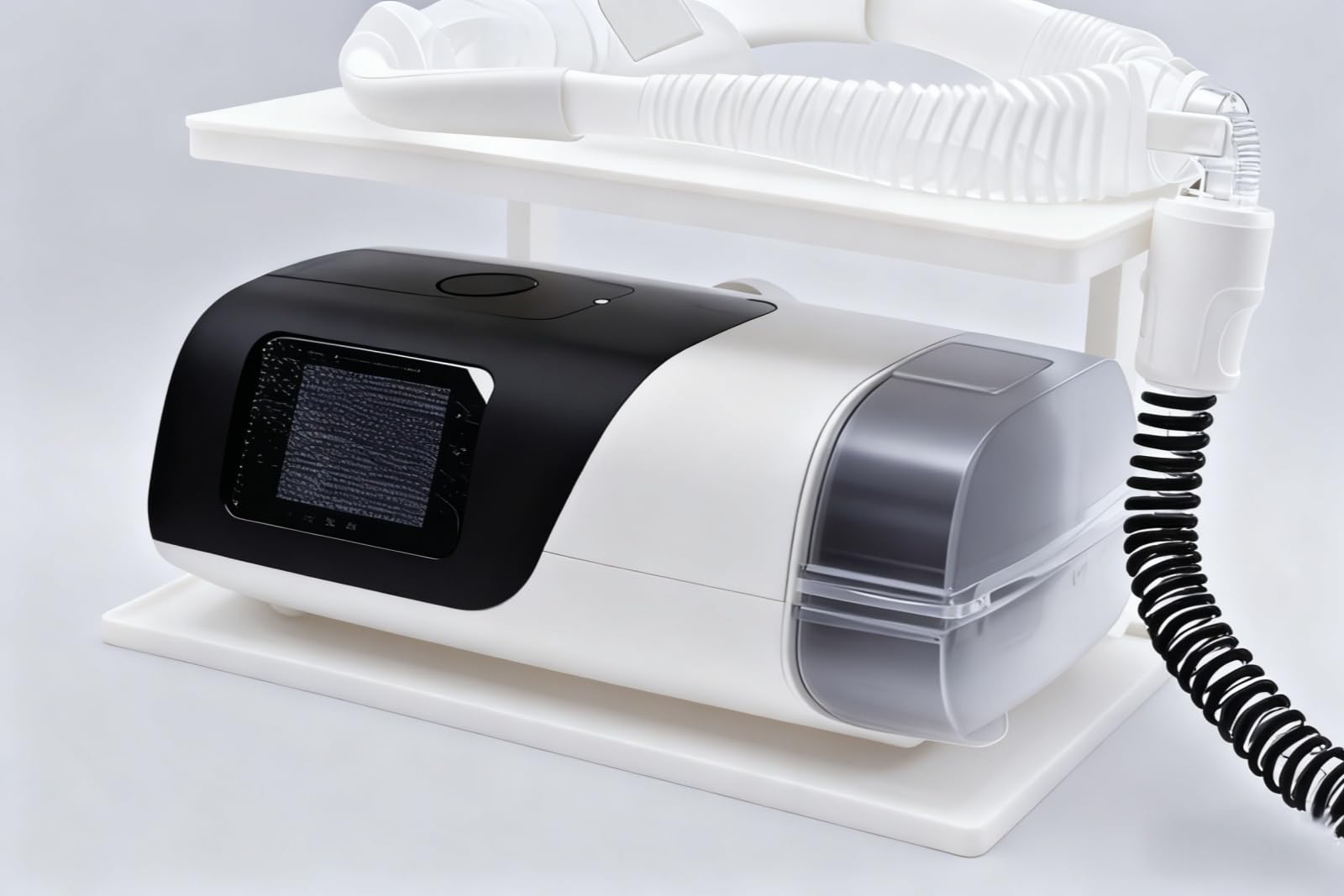 Generic bedside shelf with dual-layer design keeps CPAP gear organized.