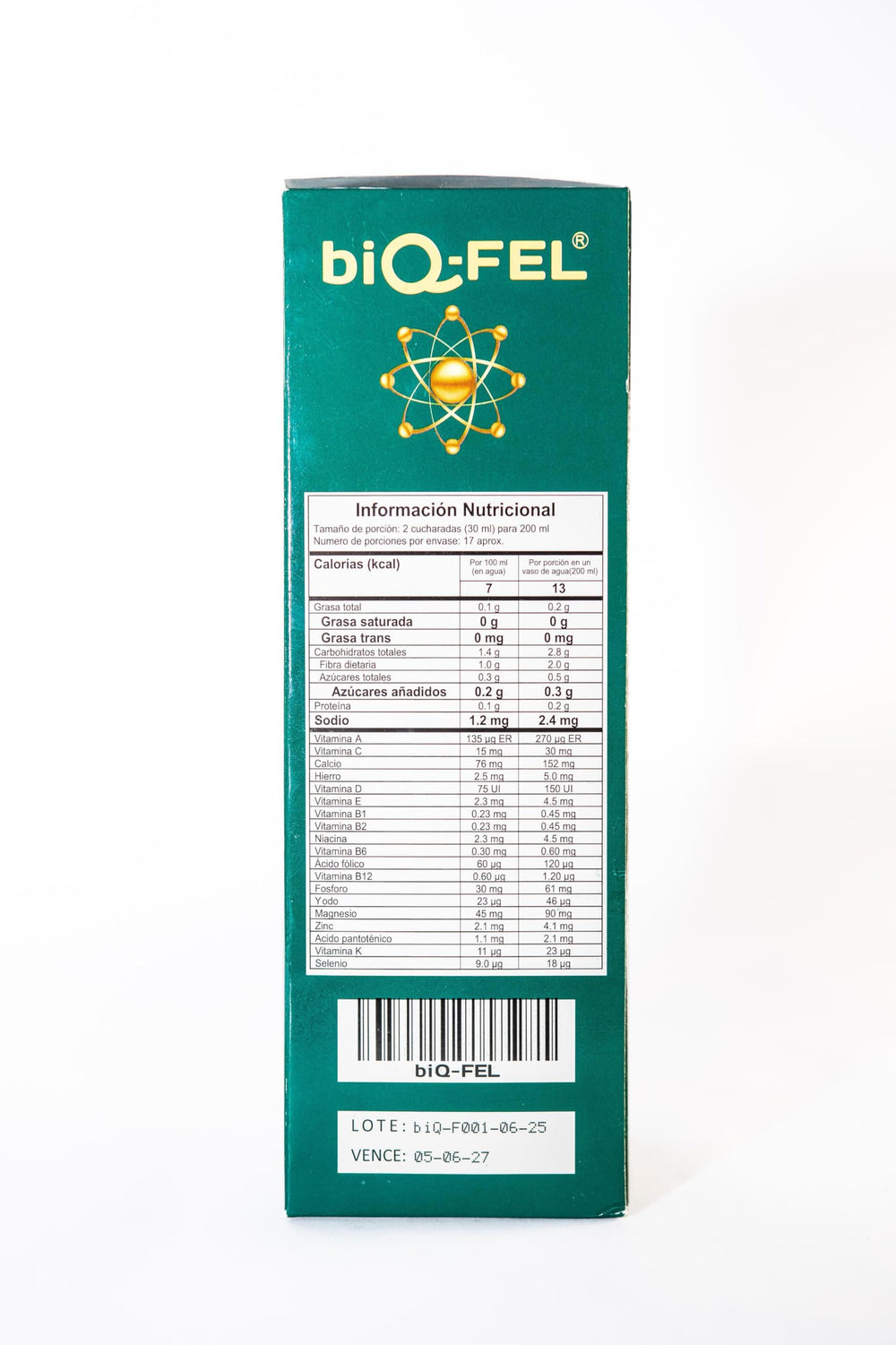 BIQ-FEL bottle with fresh fruits background for vitality