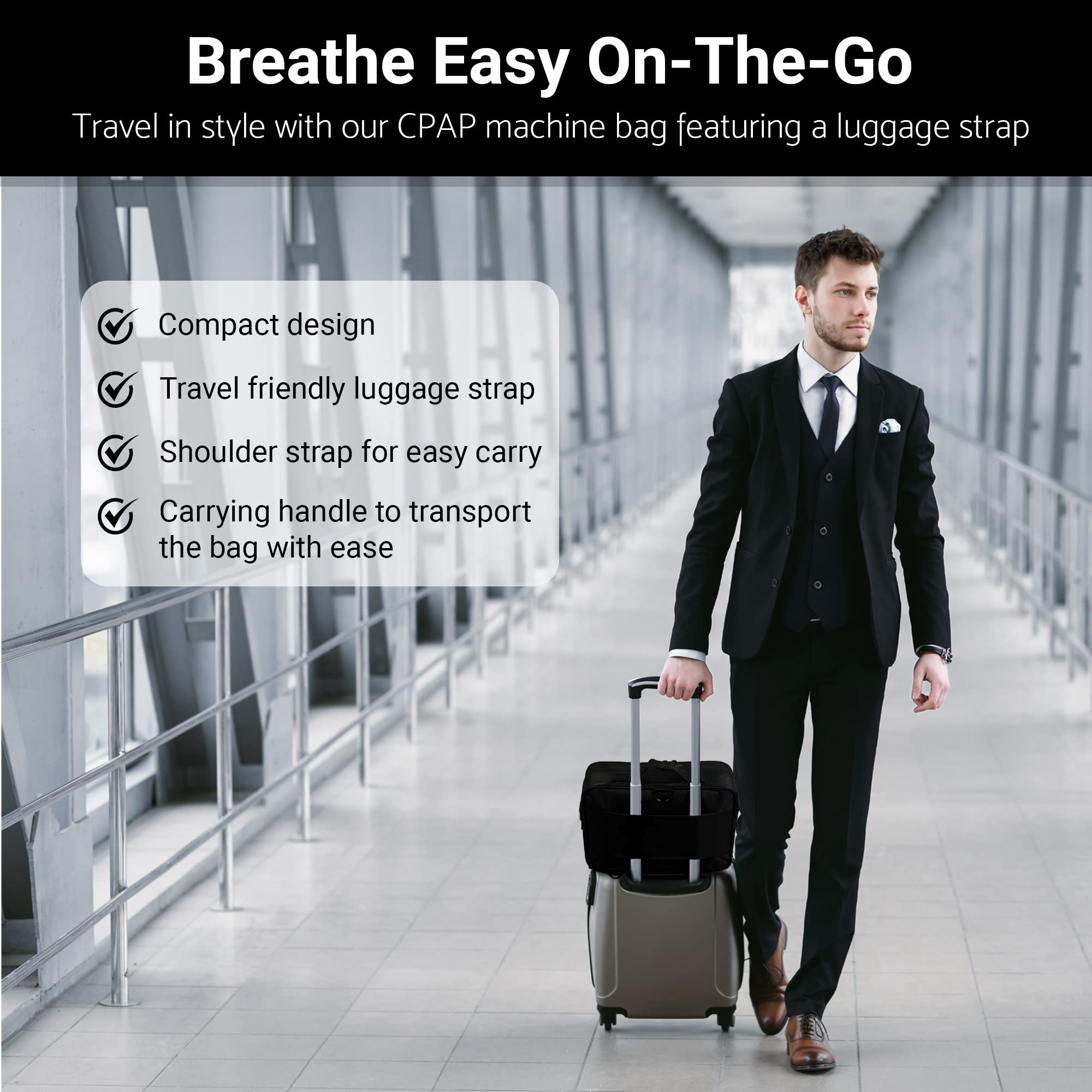 Generic Chill CPAP travel bag with trolley sleeve over luggage handle for smooth travel.