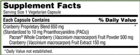 Generic Cranberry 650 mg capsules close-up highlighting vegetarian formula.