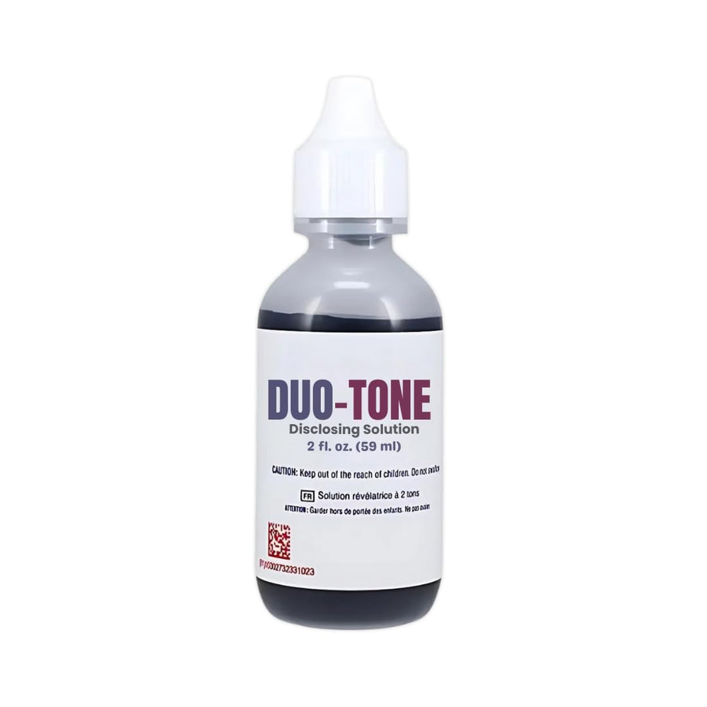 Generic Dental Duo-Tone Disclosing Solution bottle close-up highlights color-coded plaque indicators.