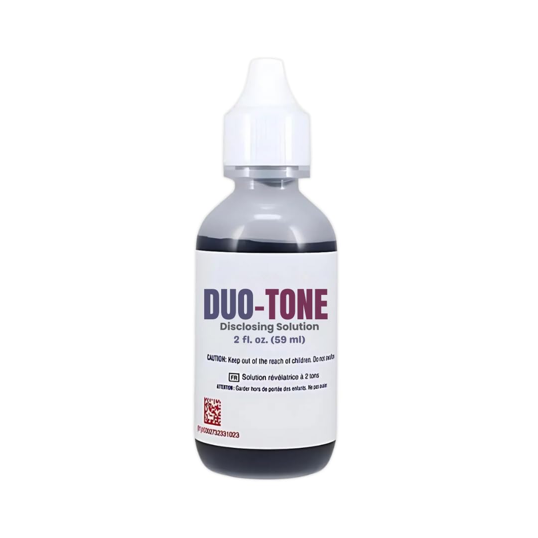 Generic Dental Duo-Tone Disclosing Solution bottle close-up highlights color-coded plaque indicators.