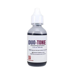 Generic Dental Duo-Tone Disclosing Solution bottle close-up highlights color-coded plaque indicators.