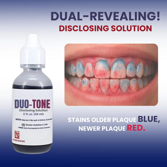 Generic Dental Duo-Tone Disclosing Solution reveals new plaque in red for targeted brushing.