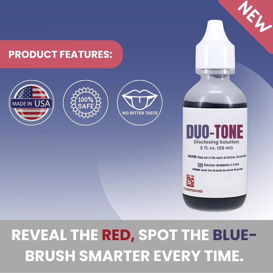 Generic Dental Duo-Tone Disclosing Solution marks old plaque blue for comprehensive cleaning.
