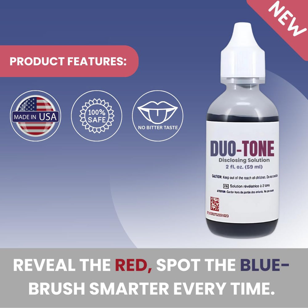 Generic Dental Duo-Tone Disclosing Solution marks old plaque blue for comprehensive cleaning.