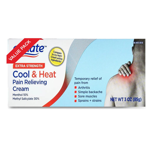 Generic Equate cool and heat cream tube closeup highlights dual-action relief