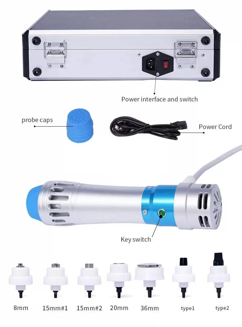 Generic Extracorporeal Shockwave treatment heads, seven attachments for targeted areas.