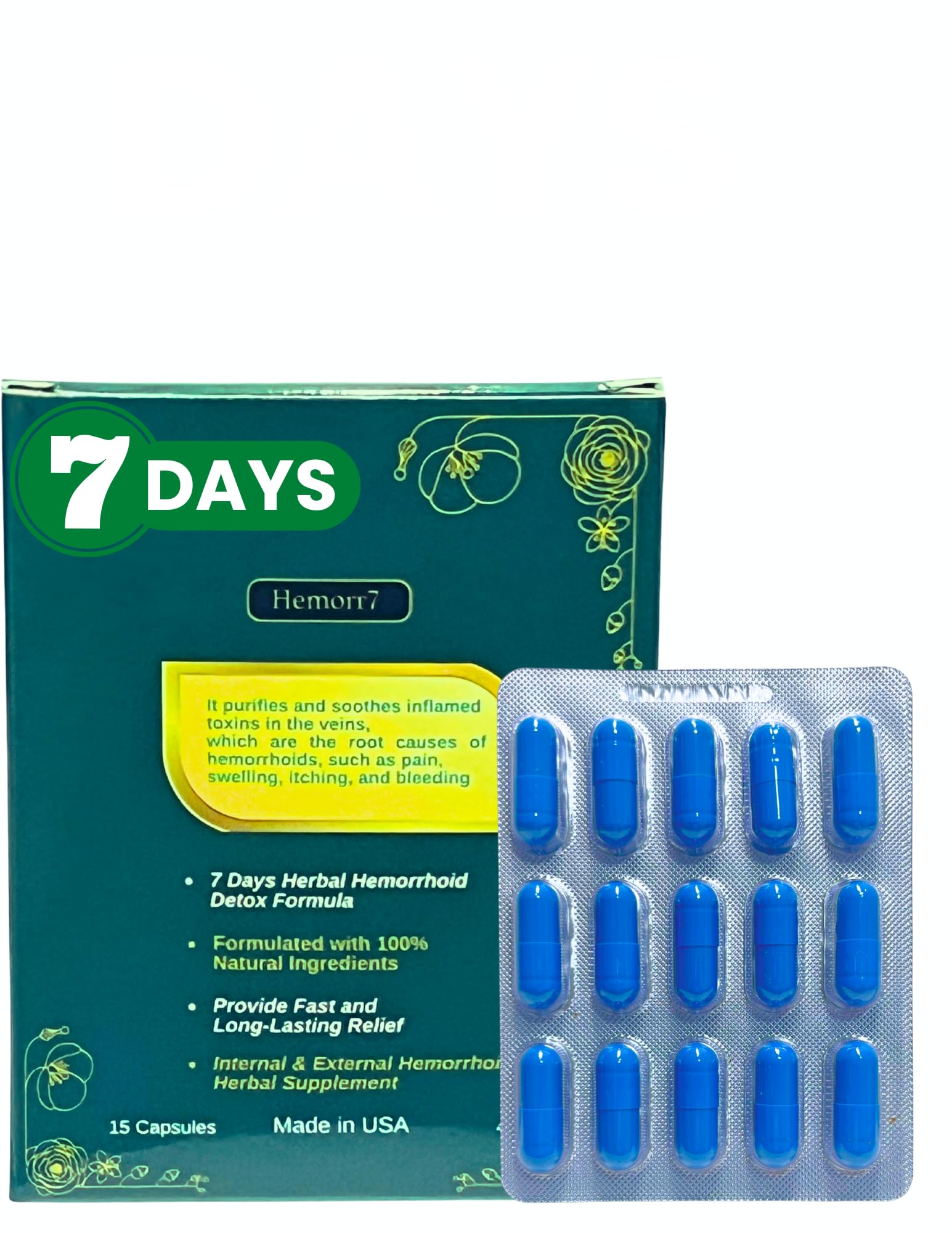 Generic Hemor7 bottle and pills on a clean surface for daily hemorrhoid support