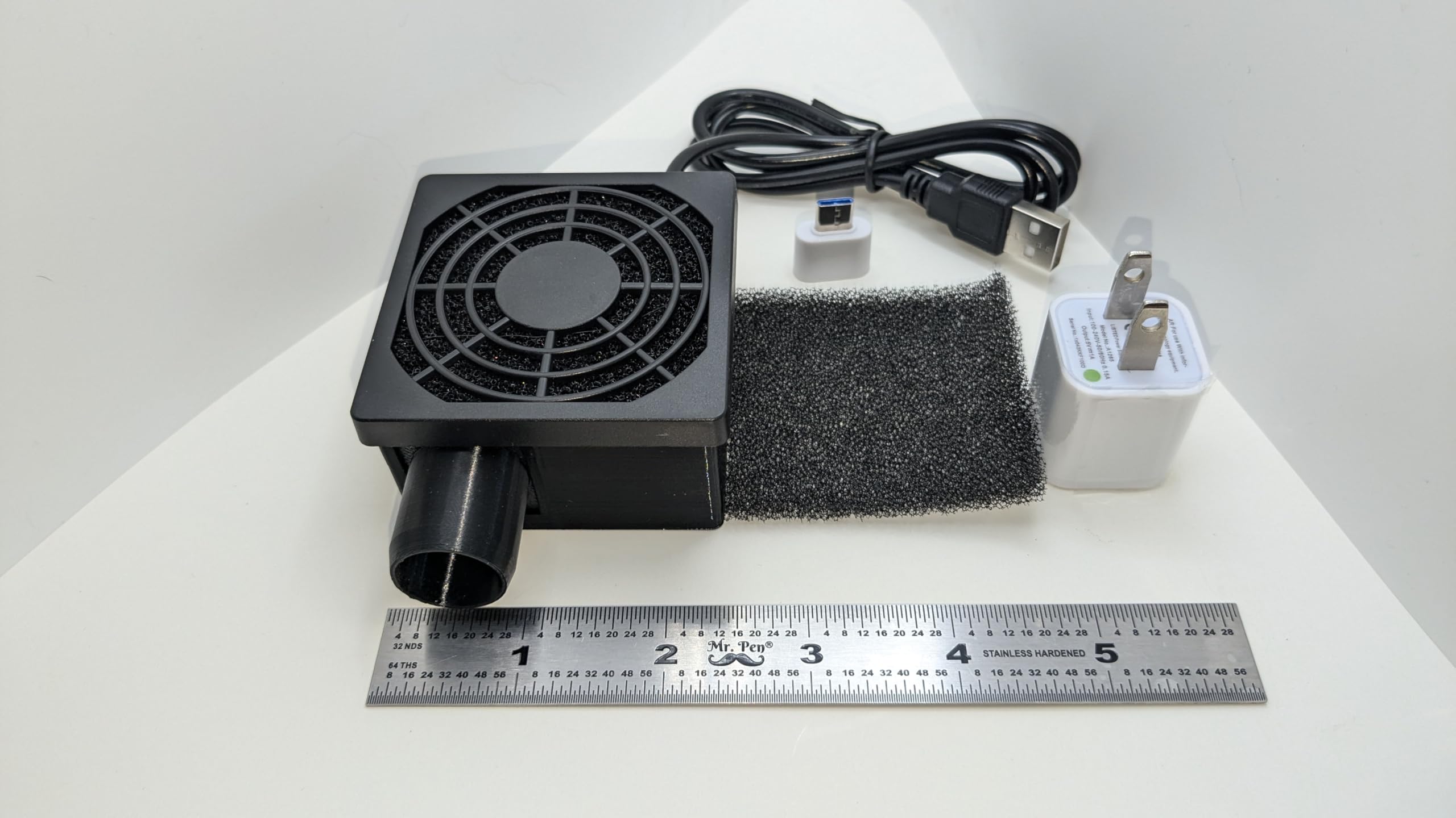 Generic hose dryer side view showing USB power and near-silent operation